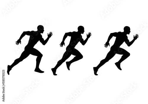 Three silhouetted figures of runners in motion, showcasing speed and athleticism in a minimalist design against a clean, white background for dynamic visuals.