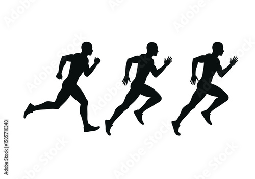 A dynamic silhouette of three male runners in motion, showcasing speed and athleticism against a clean white background, perfect for sports and fitness themes.
