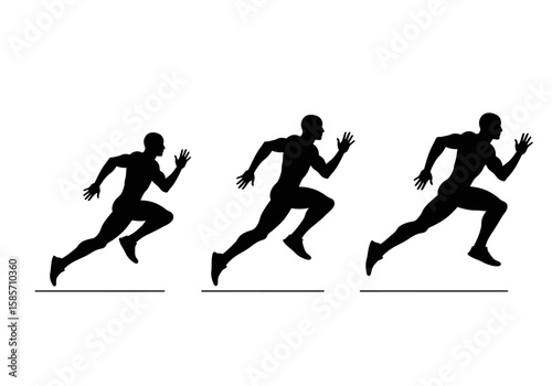 Three stylized silhouettes of runners in a sprint, captured in dynamic poses, showcasing movement and athleticism against a stark white background.