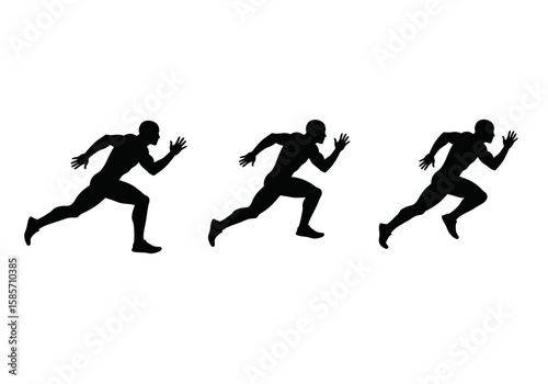 Three dynamic silhouettes of runners in motion, capturing the energy and speed of a sprint race, ideal for sports, fitness, and competition themes.