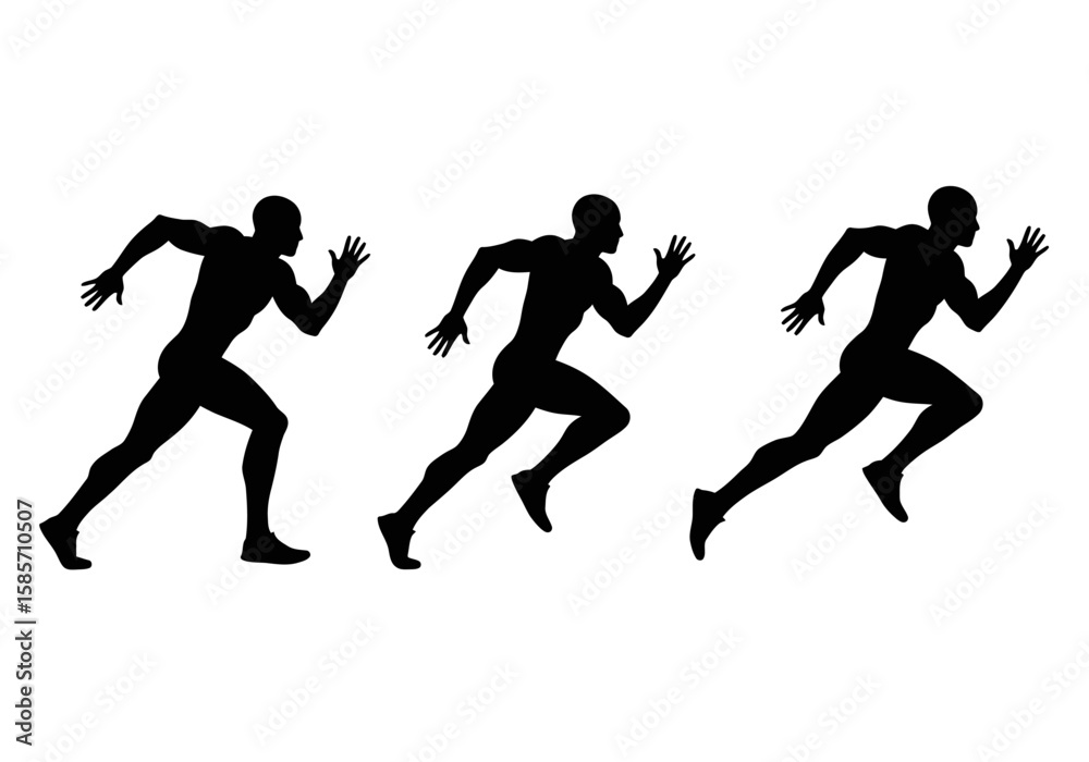 A series of black silhouette illustrations depict a male athlete in motion, showcasing speed and the essence of running in a dynamic sequence. A series of black silhouette illustrations depict a male athlete in motion, showcasing speed and the essence of running in a dynamic sequence.