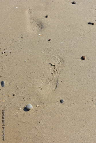 Fototapeta Naklejka Na Ścianę i Meble -  Imprints of human bare feet on the fine sand, on the beach smoothed by low tide. Footprints of human feet. Concept for travel and vacation. Beach near Cefalu, in Sicily, Italy. Travel to Italy. Relax.