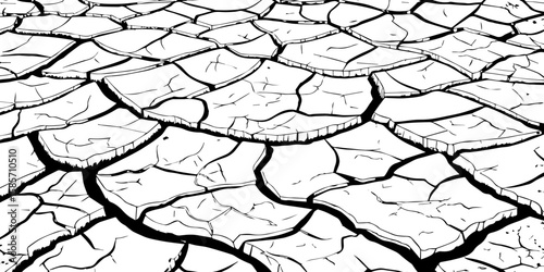 A stark, high-contrast, black and white close-up of severely cracked earth, showing a network of deep fissures and irregular polygons. The texture emphasizes the dryness and desolation of the ground.