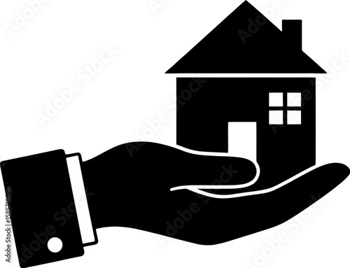 Stylized blue hand holding a pink house icon on a white background