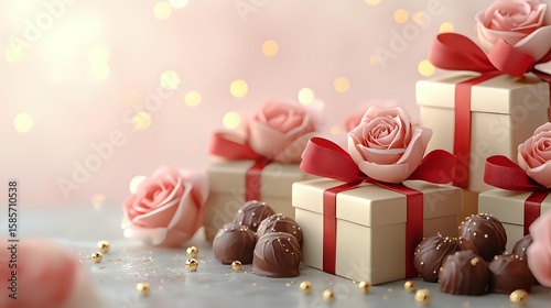 Fototapeta Naklejka Na Ścianę i Meble -  Pink roses and cream gift boxes with red ribbons arranged with chocolate truffles on glittering surface against soft bokeh background. Romantic holiday composition.
