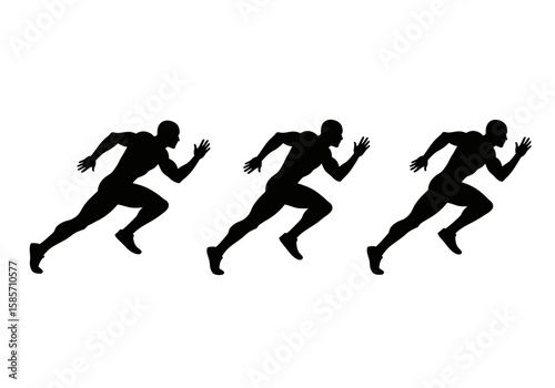 Three dynamic black silhouettes of a male runner captured in mid-stride, symbolizing speed, progress, and athletic competition on a clean white background.