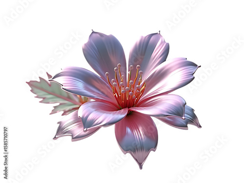 Surreal flower with reflective petals, sharp focus on transparent background