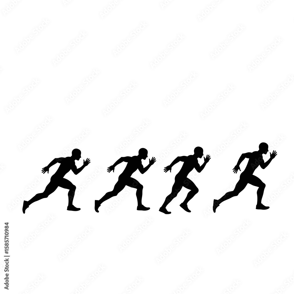 A dynamic sequence of four black runner silhouettes depicting the powerful progression of a sprint from start to full speed against a clean white background. A dynamic sequence of four black runner silhouettes depicting the powerful progression of a sprint from start to full speed against a clean white background.