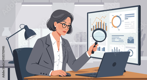 An illustration depicts a businesswoman with glasses analyzing data on a computer screen with a magnifying glass, showcasing financial charts and graphs in an office setting.