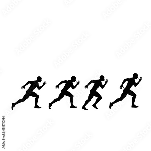 A dynamic sequence of four black runner silhouettes depicting the powerful progression of a sprint from start to full speed against a clean white background.