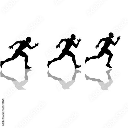 Black silhouettes of three runners in full stride are mirrored on a white surface, conveying speed, competition, and the essence of athletic performance.