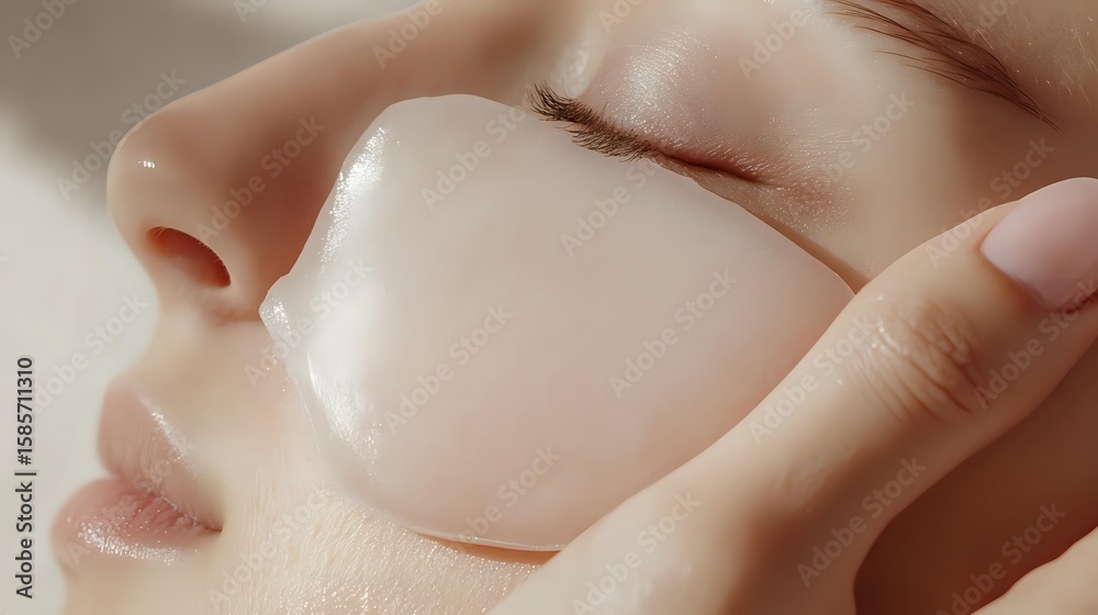 Fototapeta premium Close-up view of smooth facial skin with hydrating under-eye patch treatment showing skincare and beauty routine for cosmetic product advertising.