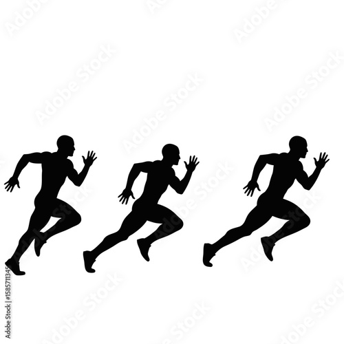 Three dynamic silhouettes of runners in motion, capturing the energy and speed of a sprint race, ideal for sports, fitness, and competition themes.