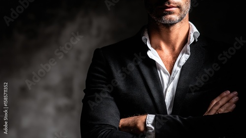Moody portrait of confident man in black suit with open-collar white shirt and crossed arms against dark textured background