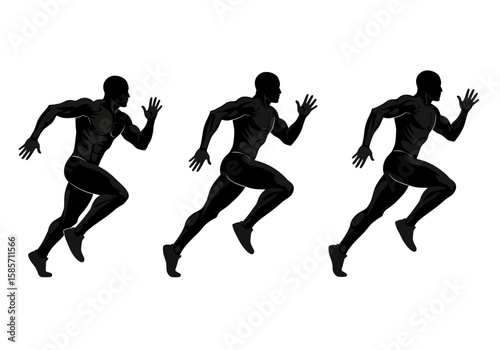 A striking illustration showcases three silhouetted figures in motion, depicting a runner's stride against a pristine white backdrop, emphasizing speed and athleticism.