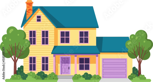 Charming yellow suburban house with blue roof and green trees