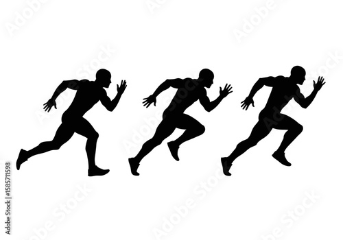 Three silhouetted runners in mid-stride during a sprint race, showcasing athletic movement and competition on a white background.