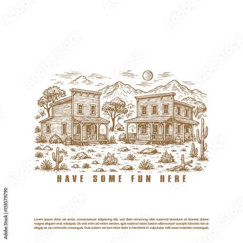 Vintage retro hand drawn wooden western pub in the middle of the desert 
