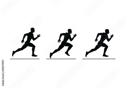 A silhouette of three male runners in motion, showcasing speed and athleticism on a plain white background, symbolizing competition and exercise.