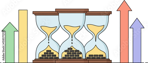Three hourglasses with gold bricks and rising arrows symbolizing financial growth
