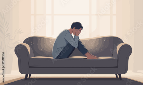 A man sits on a couch with his head in his hands, expressing sadness, despair, or depression in a minimalist, stylized illustration.