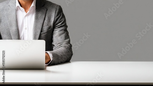 Cropped view of professional man in gray suit using laptop at clean white desk against plain gray background in modern office setting
