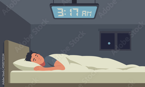 A man lies awake in bed at 3:17 AM, illuminated by the digital clock and a faint light from the window.