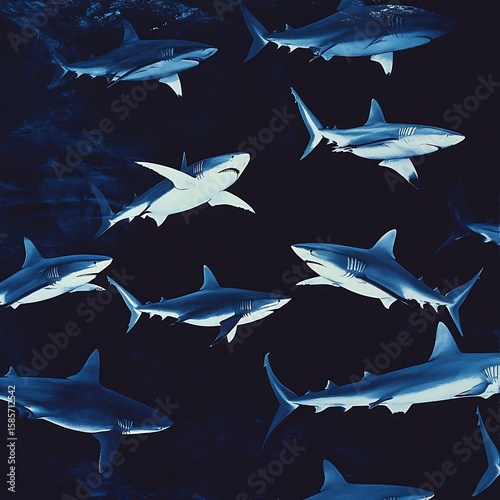 Sharks swimming in synchronized dark ocean pattern high resolution picture