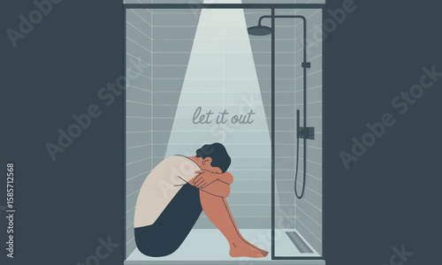 A person sits hunched in a shower stall with a spotlight shining on them, the words "let it out" floating in the light.