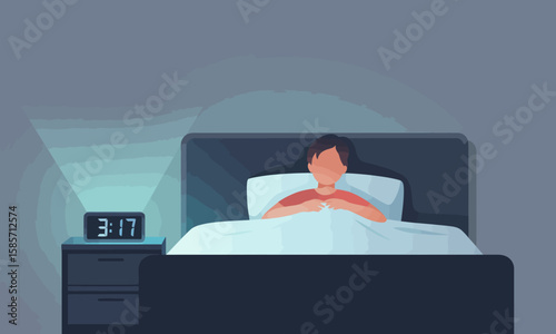 Illustration of a person lying awake in bed at 3:17 AM, illuminated by the bedside clock's light in a dark room.