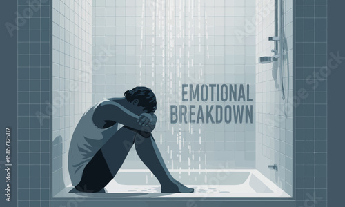 Illustration of a person sitting in a shower with their head in their arms, water running, depicting an emotional breakdown.