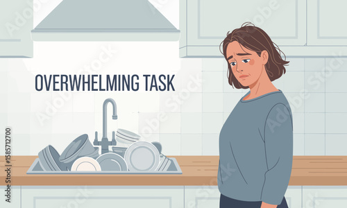 A woman looks dejected in a kitchen with a sink full of dirty dishes, labeled "Overwhelming Task".