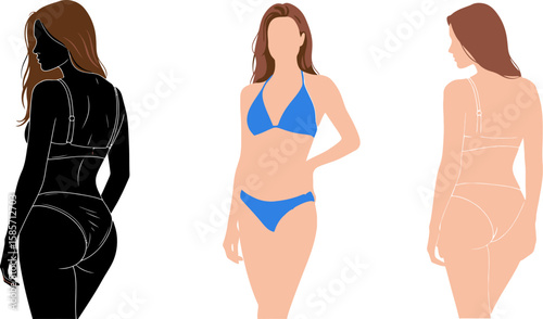 Three stylized female figures in bikinis showcasing different poses and styles