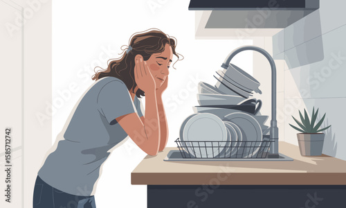 A woman rests her head on her hands, looking sadly at a sink full of dirty dishes in a minimalist kitchen setting.
