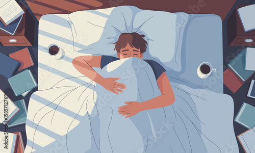 Illustration of a person lying in bed, pulling the covers up, surrounded by books and coffee cups, with sunlight streaming in.