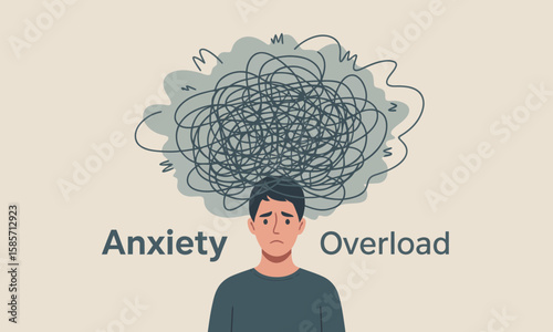 A man with an anxious expression has a chaotic cloud of lines above his head, representing anxiety and overload.