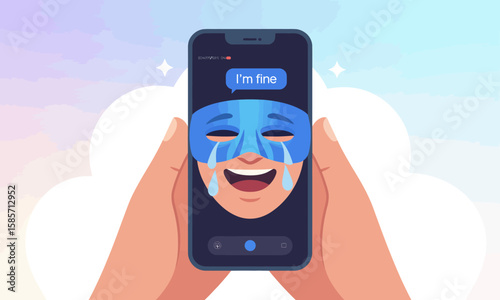 Hands holding a smartphone displaying a crying mask over a smiling face with the text "I'm fine" on the screen.