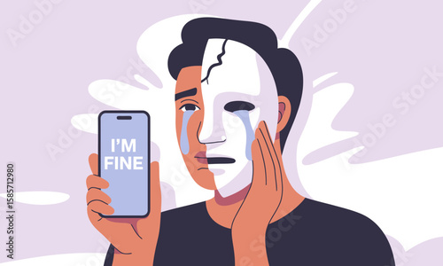 A man holds a phone displaying "I'm Fine" while wearing a cracked mask and crying, depicting inner turmoil and hidden emotions.