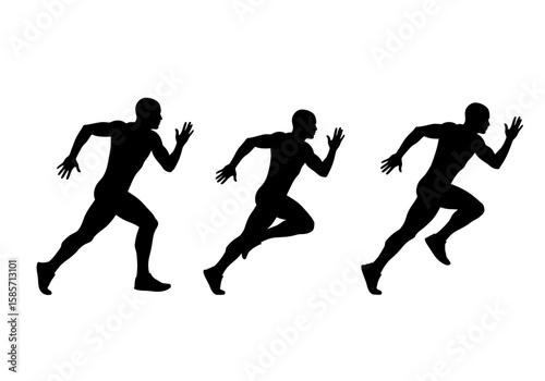Three distinct black silhouettes of a male runner captured in various powerful stride positions, symbolizing speed, agility, and the essence of competitive sports.