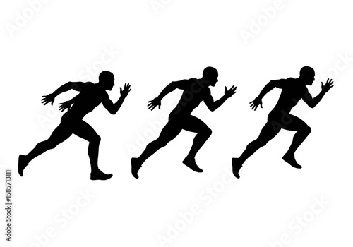 Three dynamic black silhouettes of a male runner captured in various stages of a powerful sprint on a clean white background.