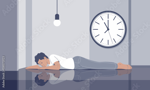 A man lies face down on a shiny surface with a clock on the wall showing 11 o'clock, and a lightbulb hanging from the ceiling.