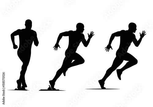 Dynamic black silhouettes illustrate a male runner's powerful progression through various stages of a sprint against a clean white background.
