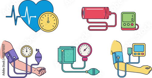Medical icons depicting blood pressure monitoring and heart health with electrocardiogram and clock