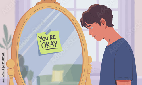 A young man looks sadly at a mirror with a sticky note that reads "You're Okay," reflecting a room.