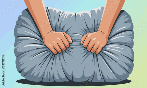 Hands squeezing a gray pillow, compressing its soft texture, against a gradient background of green and yellow.