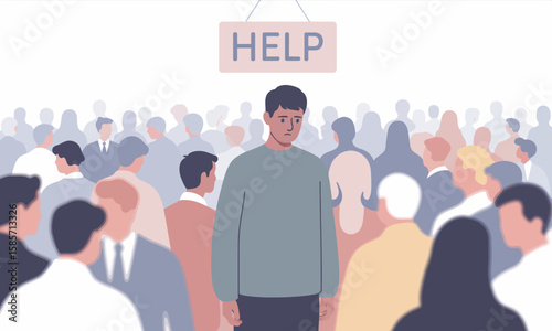 A man stands alone in a crowd with a "HELP" sign above him, conveying feelings of isolation, despair, and the need for assistance.