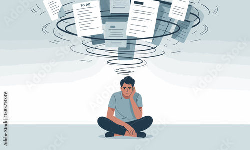A man sits cross-legged overwhelmed by swirling documents and paperwork, conveying stress, anxiety, and the feeling of being overloaded with tasks.
