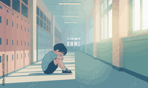 A lone boy sits huddled in a school hallway, head in his arms, near lockers and bright windows, expressing sadness or loneliness.