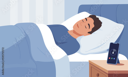 A man sleeps peacefully in bed while his smartphone alarm rings on the nightstand next to him.