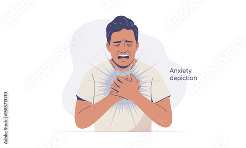 Illustration of a man experiencing anxiety, clutching his chest with a distressed expression, conveying emotional pain and mental health struggles.